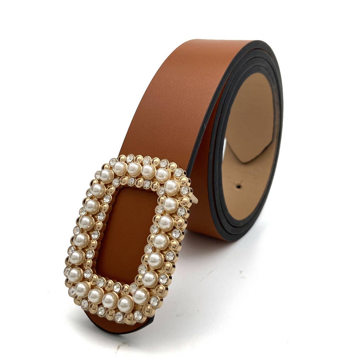 WOMEN ROUND DIAMOND PEARL BUCKLE BELT Black / (OS) 1