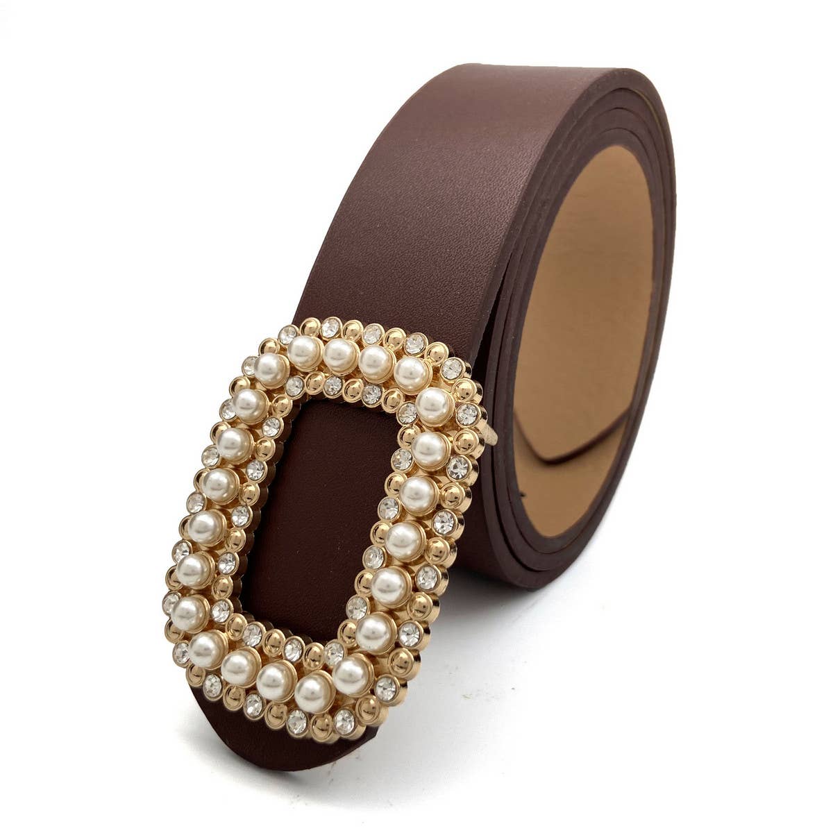 WOMEN ROUND DIAMOND PEARL BUCKLE BELT Black / (OS) 1