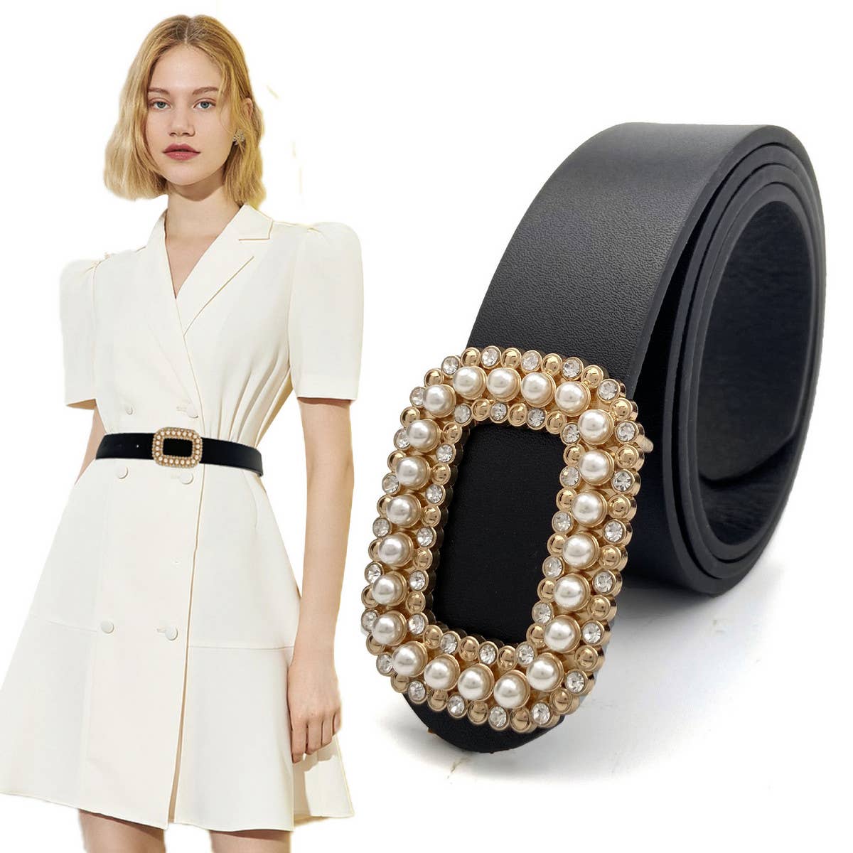 WOMEN ROUND DIAMOND PEARL BUCKLE BELT Black / (OS) 1