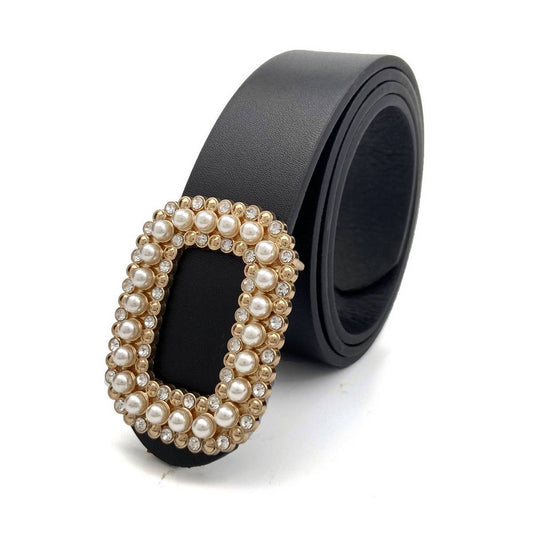 WOMEN ROUND DIAMOND PEARL BUCKLE BELT Black / (OS) 1